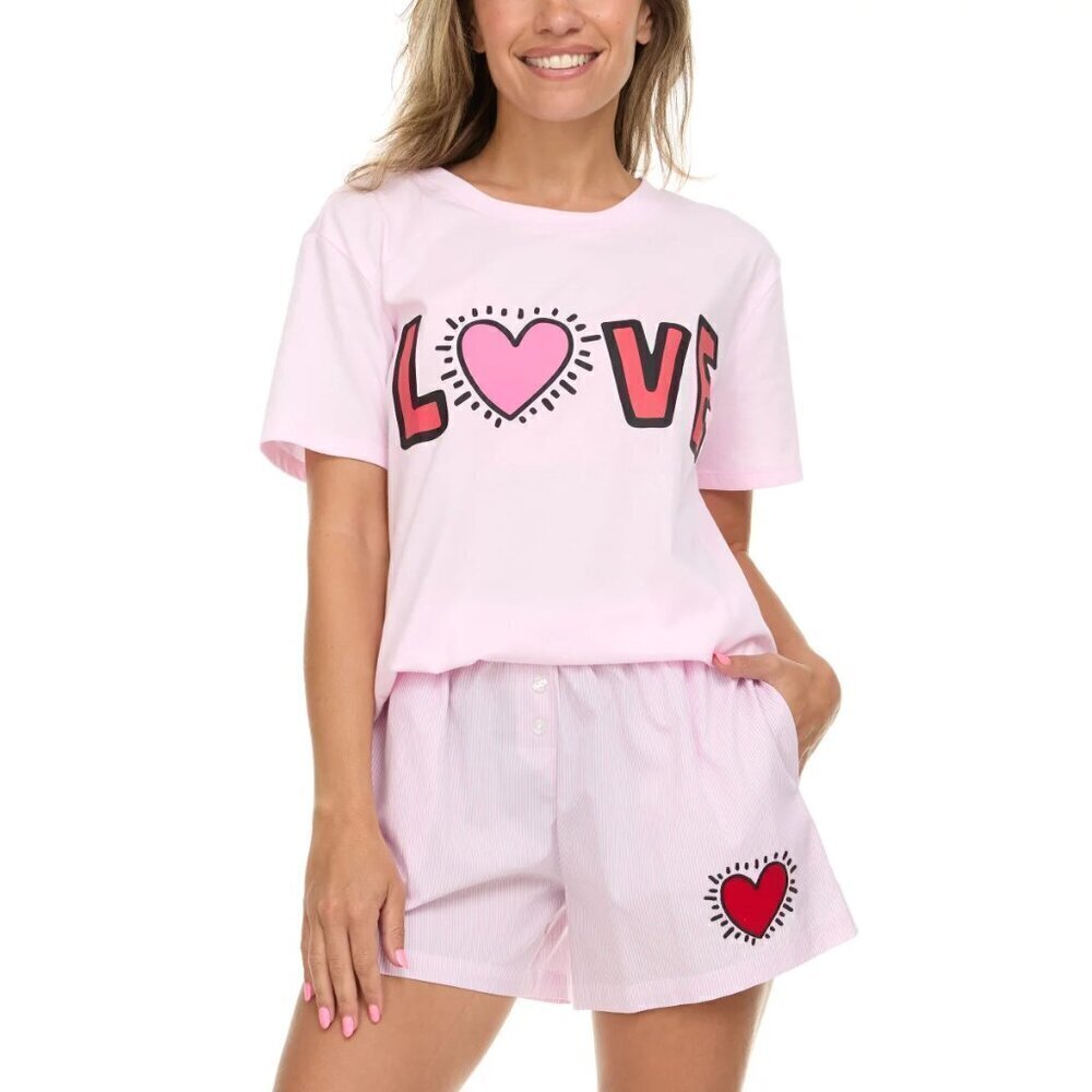 Keith Haring Womens Tee & Boxer Set White Tee Pink Striped Short Soft
